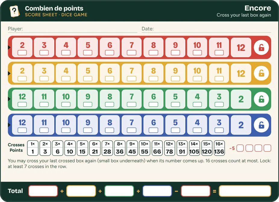 Qwixx score sheet Encore