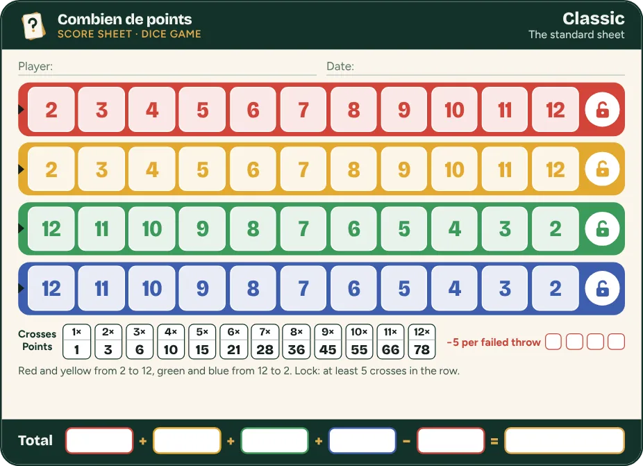 Qwixx score sheet Classic