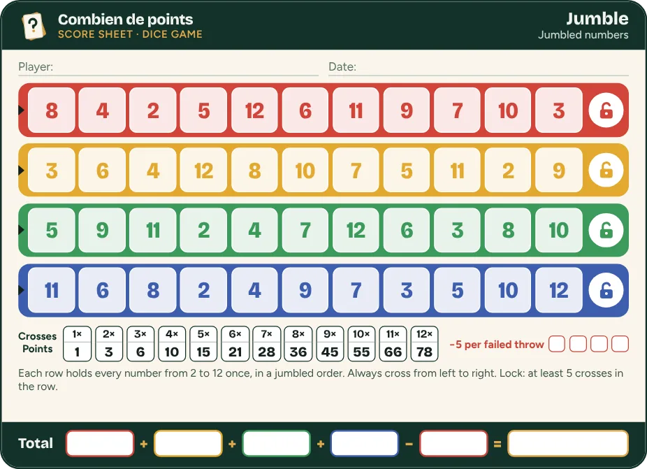 Qwixx score sheet Jumble