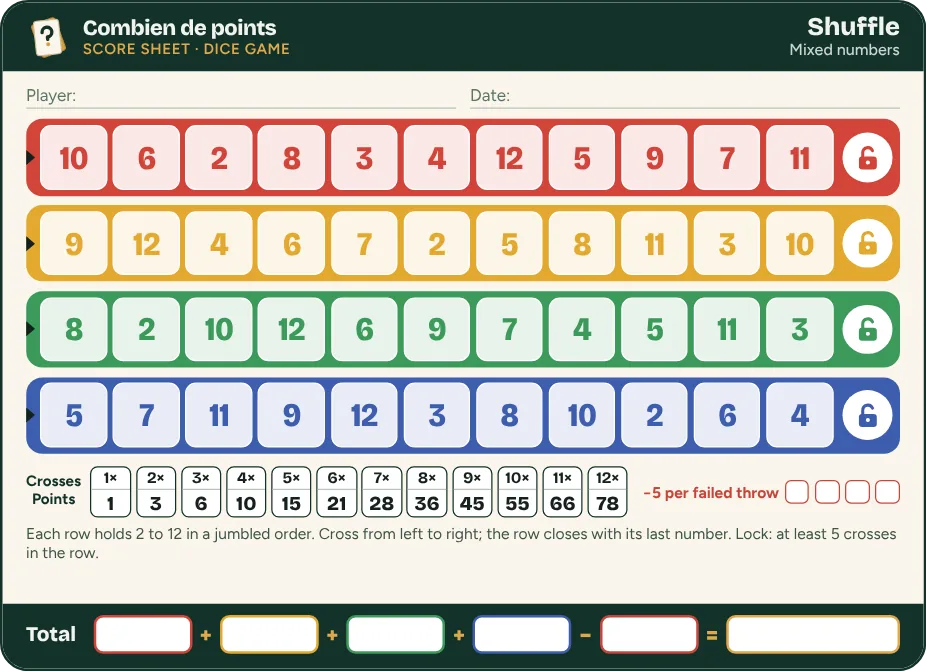 Qwixx score sheet Shuffle