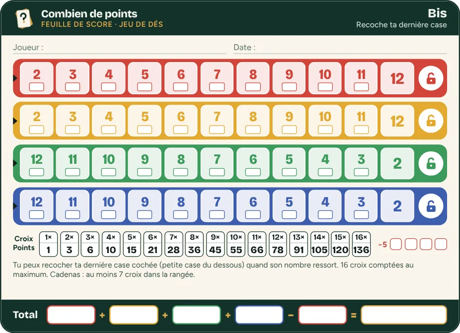 Grille de score Qwixx Bis